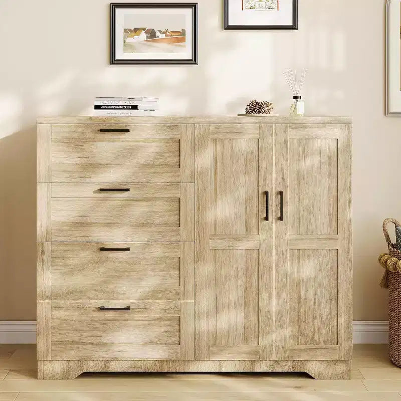 2-Door Wardrobe Dresser with 4 Drawers and Hanging Rod, Freestanding Closet Armoire
