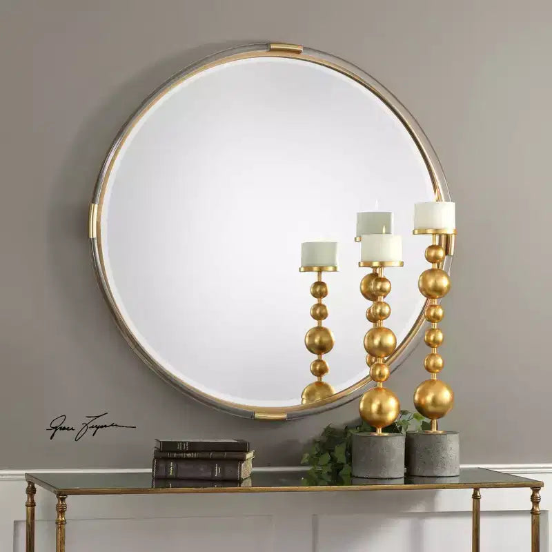 Specchio da parete rotondo decorativo con vetro smussato, cornice in acrilico color oro metallizzato e legno, 95 cm di larghezza, per bagno o camera da letto