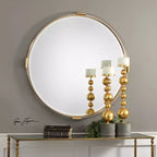 Specchio da Parete Decorativo Rotondo con Vetro Smussato, Acrilico Oro Metallizzato e Cornice in Legno, 95,3 cm di Larghezza, per Bagno o Camera da Letto