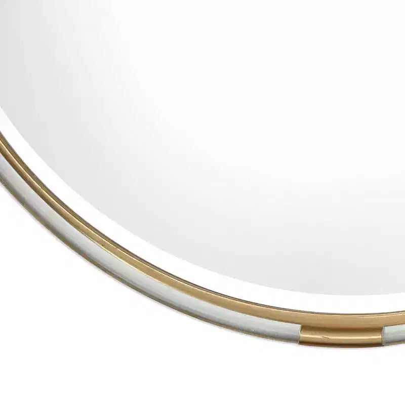 Specchio da parete rotondo decorativo con vetro smussato, cornice in acrilico color oro metallizzato e legno, 95 cm di larghezza, per bagno o camera da letto