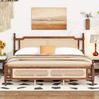 Brown Pine Bed Frame with Rattan Headboard for Approx. 193 × 203 cm Mattress