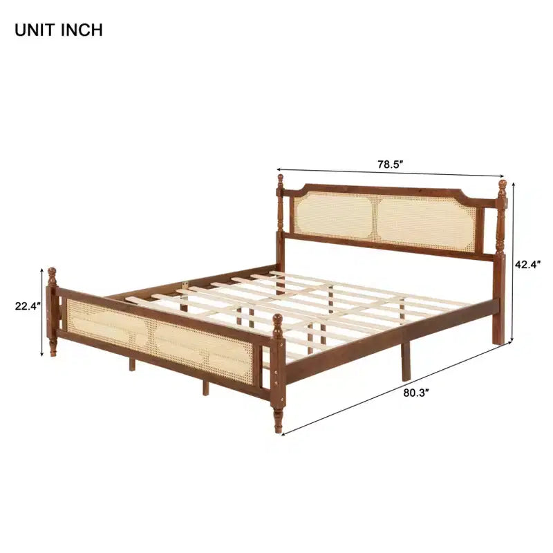 Struttura Letto King Size in Pino con Testiera e Pediera in Rattan, Marrone