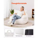 Poltrona sacco in memory foam con braccioli e tasca portaoggetti, rivestimento in velluto Teddy, 90 cm L × 92 cm P × 68,6 cm A, bianca
