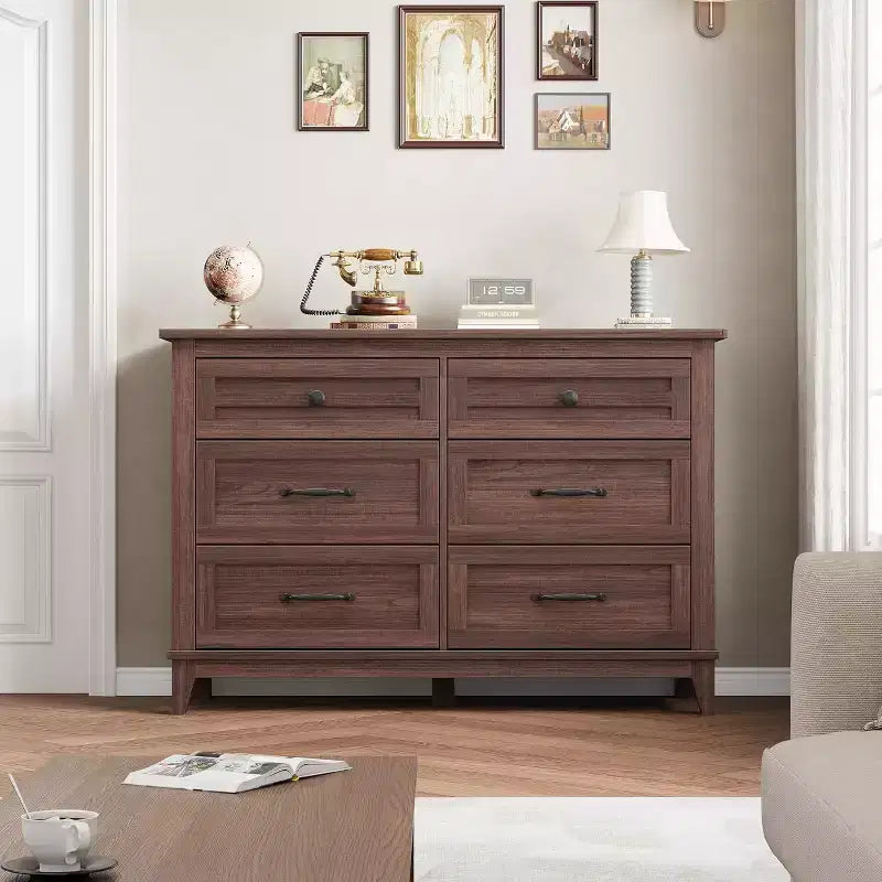 Comò in legno a 6 cassetti con spazio contenitivo, cassettiera larga 120 cm per camera da letto, soggiorno o ingresso