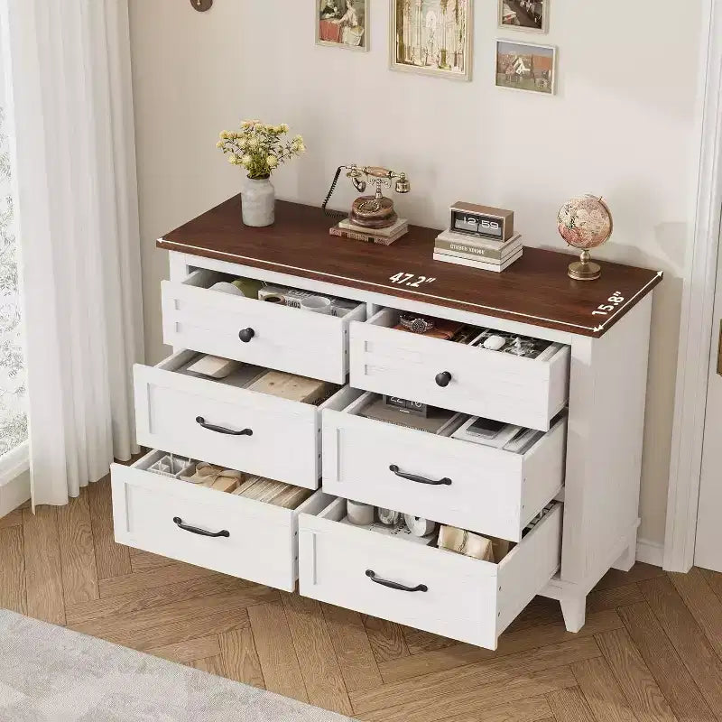 Comò in legno a 6 cassetti con spazio contenitivo, cassettiera larga 120 cm per camera da letto, soggiorno o ingresso