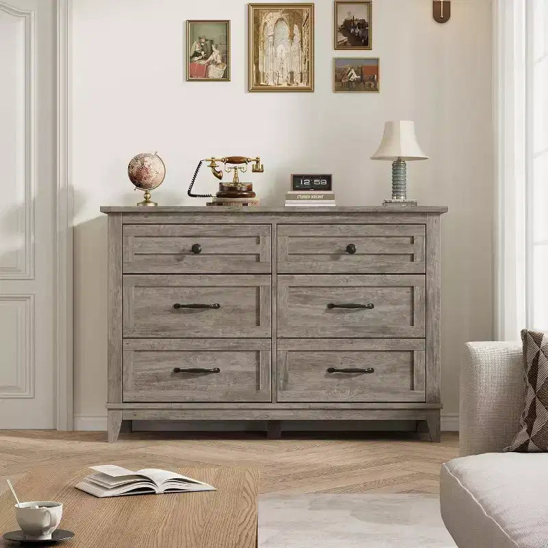 Comò in legno a 6 cassetti con spazio contenitivo, cassettiera larga 120 cm per camera da letto, soggiorno o ingresso