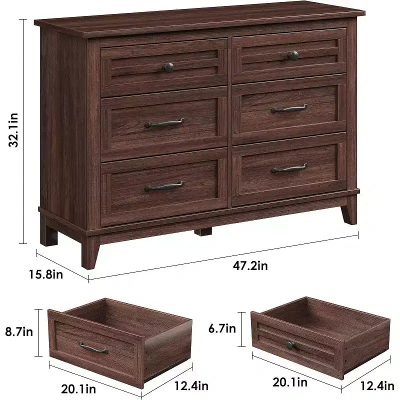 Comò in legno a 6 cassetti con spazio contenitivo, cassettiera larga 120 cm per camera da letto, soggiorno o ingresso