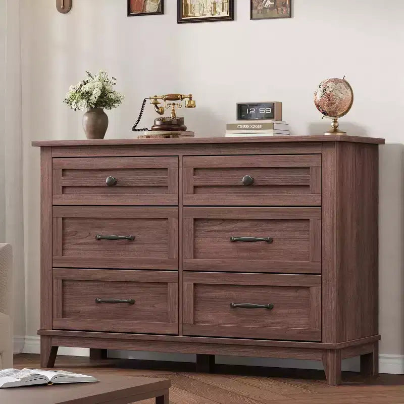 Comò in legno a 6 cassetti con spazio contenitivo, cassettiera larga 120 cm per camera da letto, soggiorno o ingresso