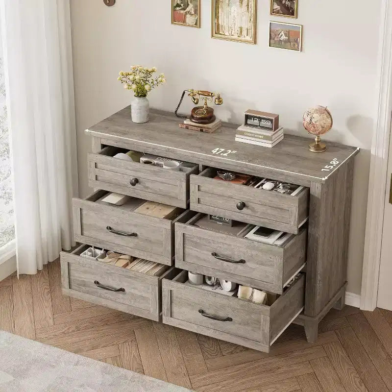 Comò in legno a 6 cassetti con spazio contenitivo, cassettiera larga 120 cm per camera da letto, soggiorno o ingresso