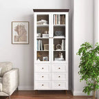 Tall Storage Cabinet with Glass Doors, 10 Shelves and 6 Drawers, White MDF, Freestanding, 199.9 cm H × 80 cm W × 39.9 cm D