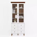 Mobile Contenitore Alto con Ante in Vetro, 10 Ripiani e 6 Cassetti, MDF Bianco, Autoportante, 199.9 cm H × 80 cm L × 39.9 cm P