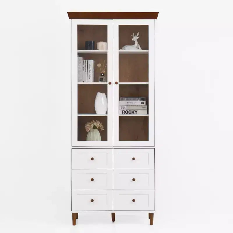 Mobile Contenitore Alto con Ante in Vetro, 10 Ripiani e 6 Cassetti, MDF Bianco, Autoportante, 78,7A x 31,5L x 15,7P pollici