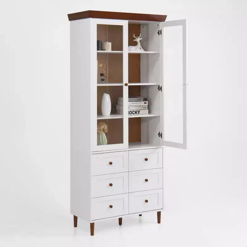 Mobile Contenitore Alto con Ante in Vetro, 10 Ripiani e 6 Cassetti, MDF Bianco, Autoportante, 78,7A x 31,5L x 15,7P pollici