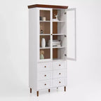 Mobile Contenitore Alto con Ante in Vetro, 10 Ripiani e 6 Cassetti, MDF Bianco, Autoportante, 199.9 cm H × 80 cm L × 39.9 cm P