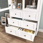 Mobile Contenitore Alto con Ante in Vetro, 10 Ripiani e 6 Cassetti, MDF Bianco, Autoportante, 199.9 cm H × 80 cm L × 39.9 cm P