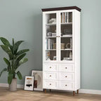 Mobile Contenitore Alto con Ante in Vetro, 10 Ripiani e 6 Cassetti, MDF Bianco, Autoportante, 199.9 cm H × 80 cm L × 39.9 cm P
