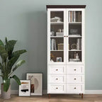 Mobile Contenitore Alto con Ante in Vetro, 10 Ripiani e 6 Cassetti, MDF Bianco, Autoportante, 199.9 cm H × 80 cm L × 39.9 cm P