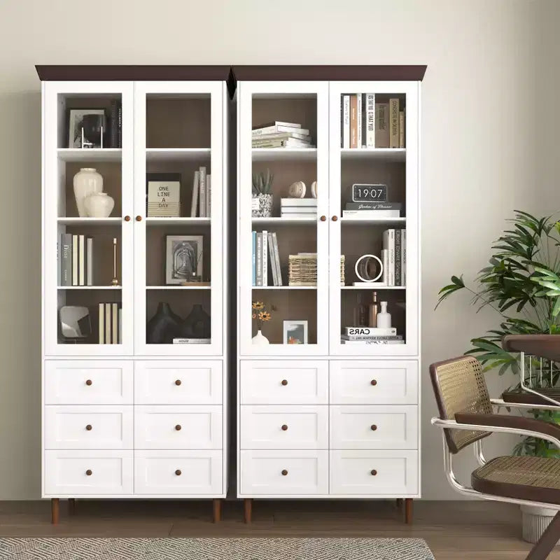 Mobile Contenitore Alto con Ante in Vetro, 10 Ripiani e 6 Cassetti, MDF Bianco, Autoportante, 78,7A x 31,5L x 15,7P pollici