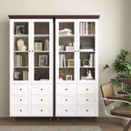 Mobile Contenitore Alto con Ante in Vetro, 10 Ripiani e 6 Cassetti, MDF Bianco, Autoportante, 199.9 cm H × 80 cm L × 39.9 cm P