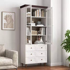 Mobile Contenitore Alto con Ante in Vetro, 10 Ripiani e 6 Cassetti, MDF Bianco, Autoportante, 199.9 cm H × 80 cm L × 39.9 cm P