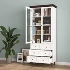 Mobile Contenitore Alto con Ante in Vetro, 10 Ripiani e 6 Cassetti, MDF Bianco, Autoportante, 199.9 cm H × 80 cm L × 39.9 cm P