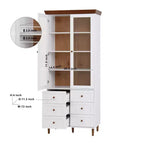 Mobile Contenitore Alto con Ante in Vetro, 10 Ripiani e 6 Cassetti, MDF Bianco, Autoportante, 199.9 cm H × 80 cm L × 39.9 cm P