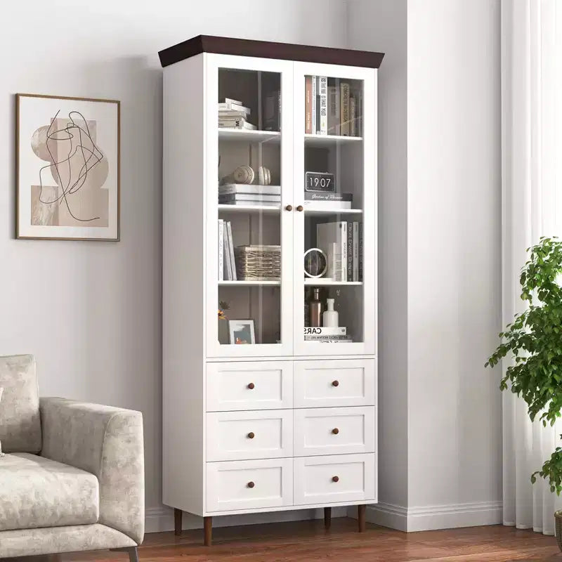 Mobile Contenitore Alto con Ante in Vetro, 10 Ripiani e 6 Cassetti, MDF Bianco, Autoportante, 78,7A x 31,5L x 15,7P pollici