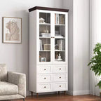 Mobile Contenitore Alto con Ante in Vetro, 10 Ripiani e 6 Cassetti, MDF Bianco, Autoportante, 199.9 cm H × 80 cm L × 39.9 cm P