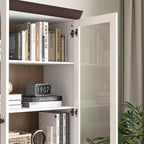 Mobile Contenitore Alto con Ante in Vetro, 10 Ripiani e 6 Cassetti, MDF Bianco, Autoportante, 199.9 cm H × 80 cm L × 39.9 cm P