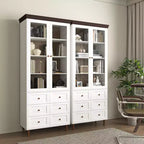 Mobile Contenitore Alto con Ante in Vetro, 10 Ripiani e 6 Cassetti, MDF Bianco, Autoportante, 199.9 cm H × 80 cm L × 39.9 cm P