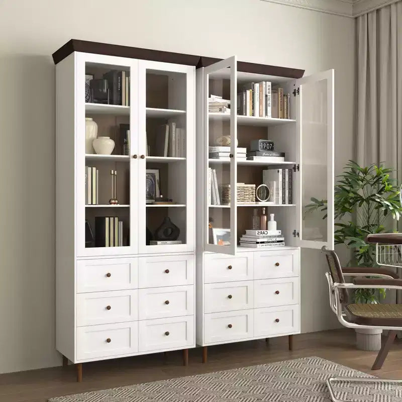 Mobile Contenitore Alto con Ante in Vetro, 10 Ripiani e 6 Cassetti, MDF Bianco, Autoportante, 78,7A x 31,5L x 15,7P pollici