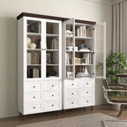 Mobile Contenitore Alto con Ante in Vetro, 10 Ripiani e 6 Cassetti, MDF Bianco, Autoportante, 199.9 cm H × 80 cm L × 39.9 cm P