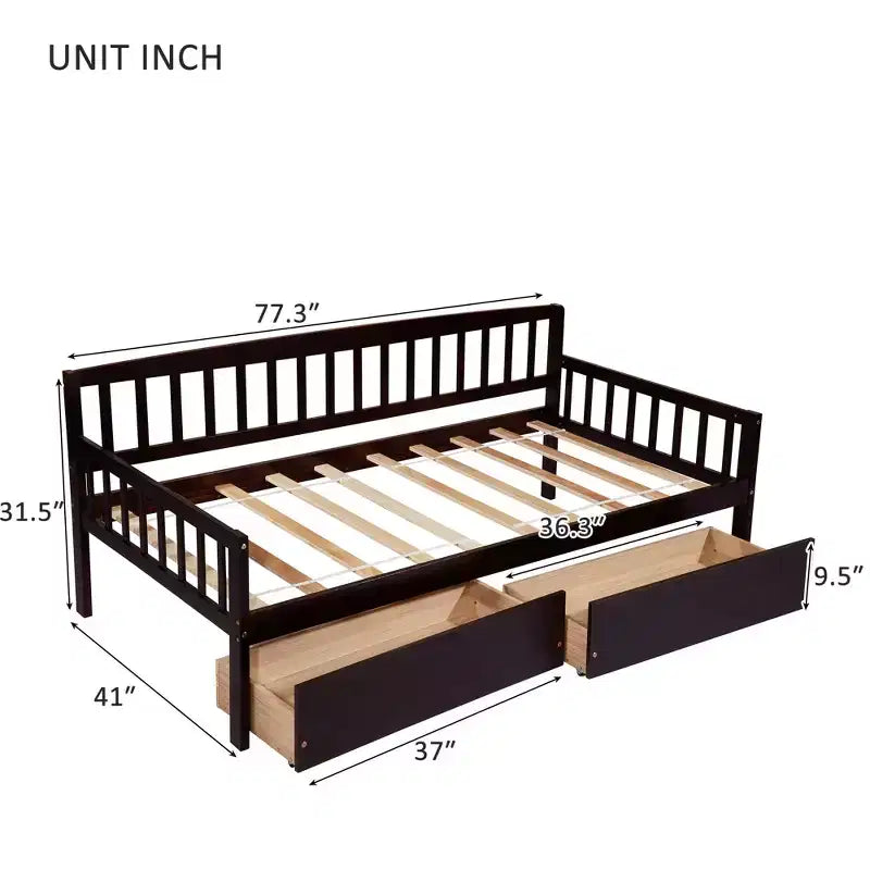 Divano letto matrimoniale in legno di pino con 2 cassetti portaoggetti e 10 doghe di supporto, 32,6H x 41W x 77,3D pollici, marrone