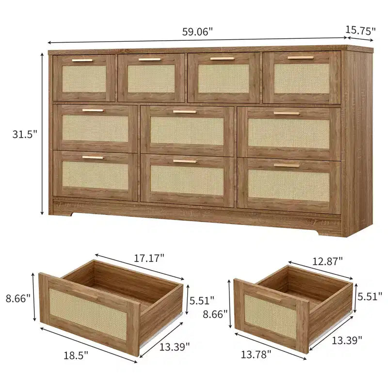 Cassettiera a 10 cassetti con frontali in rattan e telaio in legno