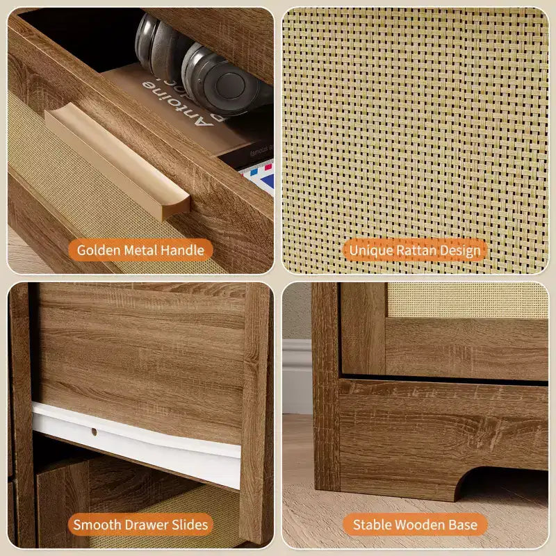 Cassettiera a 10 cassetti con frontali in rattan e telaio in legno