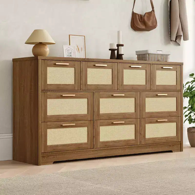 Cassettiera a 10 cassetti con frontali in rattan e telaio in legno