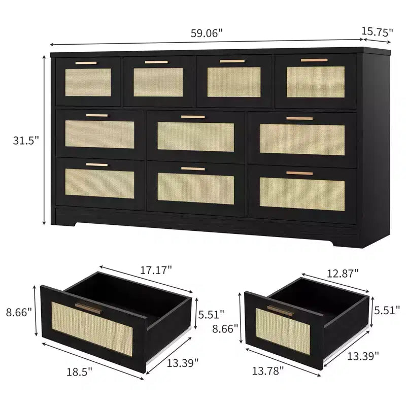 10-Drawer Dresser with Rattan Front Panels and Wooden Frame