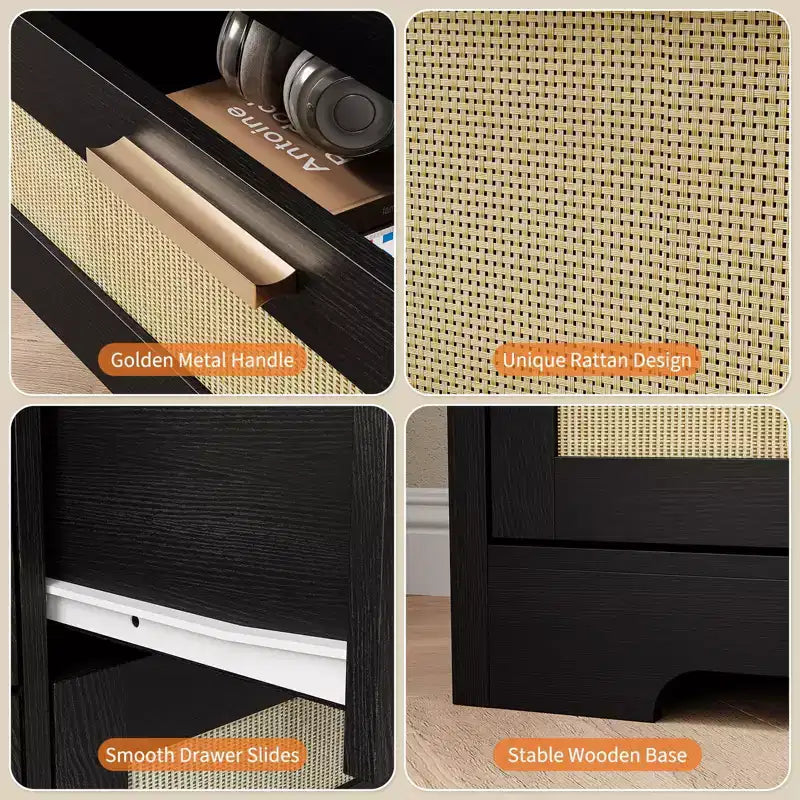 10-Drawer Dresser with Rattan Front Panels and Wooden Frame