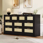 10-Drawer Dresser with Rattan Front Panels and Wooden Frame