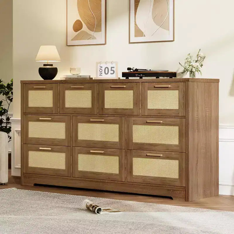 10-Drawer Dresser with Rattan Front Panels and Wooden Frame