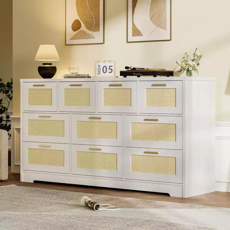 10-Drawer Dresser with Rattan Front Panels and Wooden Frame