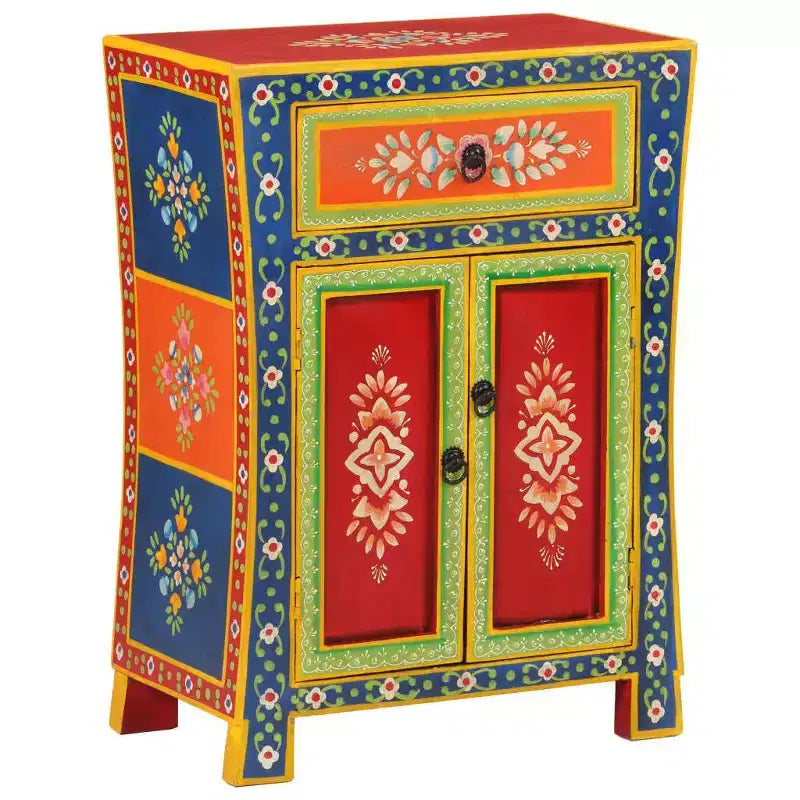 Credenza in legno massello di mango con 2 ante e 1 cassetto, finitura multicolore dipinta a mano, 54W x 50D x 74H cm