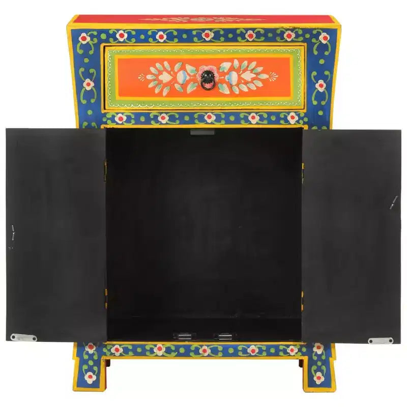 Credenza in legno massello di mango con 2 ante e 1 cassetto, finitura multicolore dipinta a mano, 54W x 50D x 74H cm