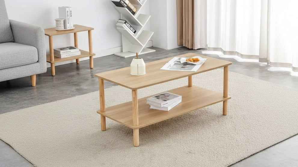 Modern 2-Tier Coffee Table for Living Room Furniture,Rectangular Center Table with Open Storage Shelf,Rounded Rubberwood legs