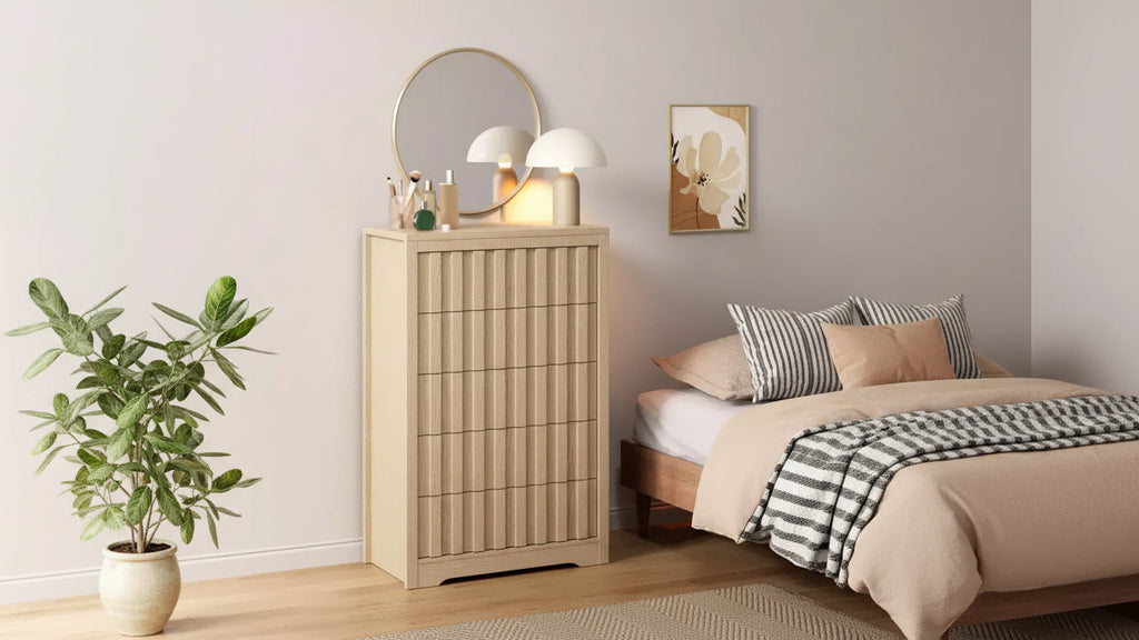 Comodino a 5 cassetti per camera da letto - Cassettiera moderna di metà secolo, comodino alto in legno, tavolino scanalato a righe, sicurezza migliorata