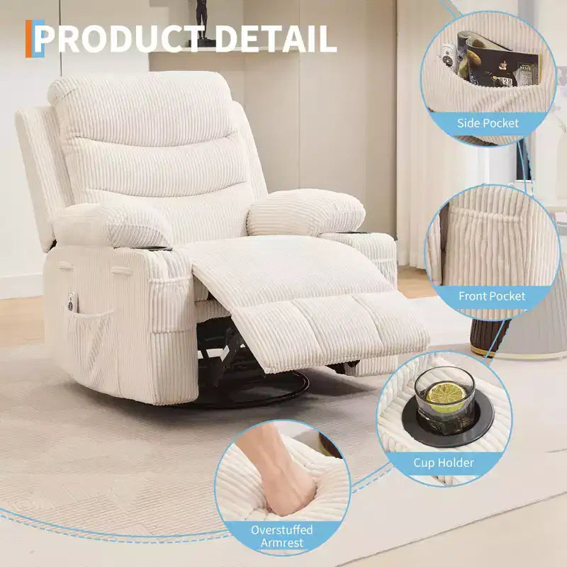 Poltrona reclinabile manuale girevole a 360°, con massaggio, riscaldamento e portabicchieri