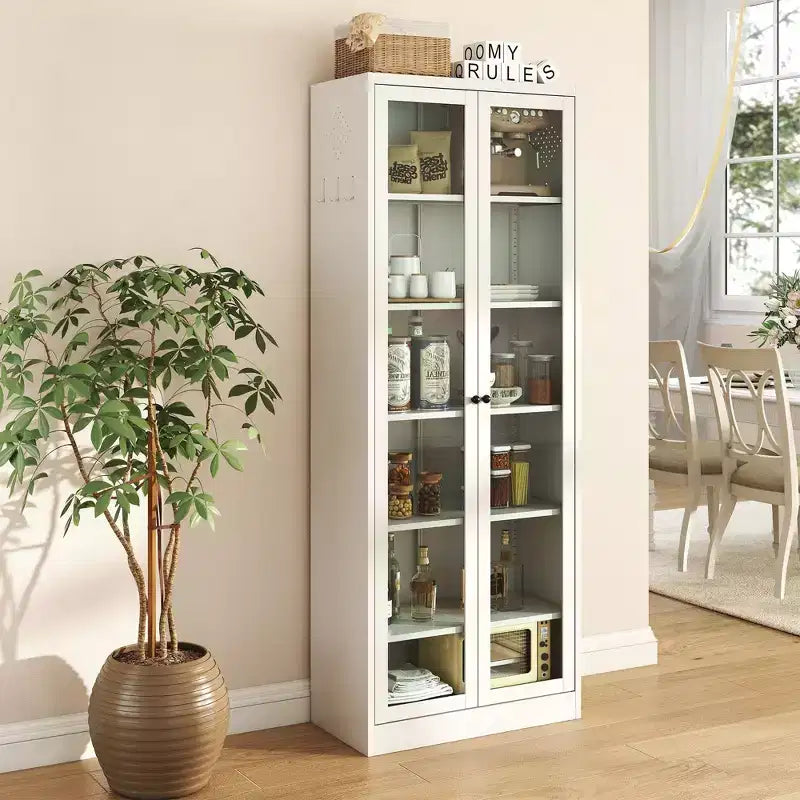 Dispensa da cucina in metallo alta 183 cm con ante in vetro e ripiani regolabili, mobile contenitore indipendente per cucina, dispensa o bagno, bianco