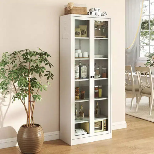 Dispensa alta 182,9 cm in metallo con ante in vetro e ripiani regolabili, mobiletto indipendente per cucina, dispensa o bagno, bianco