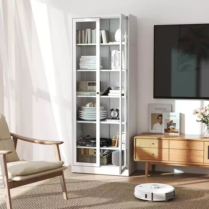 Dispensa da cucina in metallo alta 183 cm con ante in vetro e ripiani regolabili, mobile contenitore indipendente per cucina, dispensa o bagno, bianco