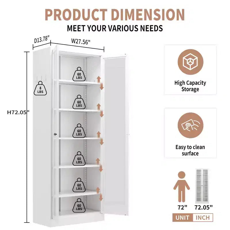 Dispensa da cucina in metallo alta 183 cm con ante in vetro e ripiani regolabili, mobile contenitore indipendente per cucina, dispensa o bagno, bianco
